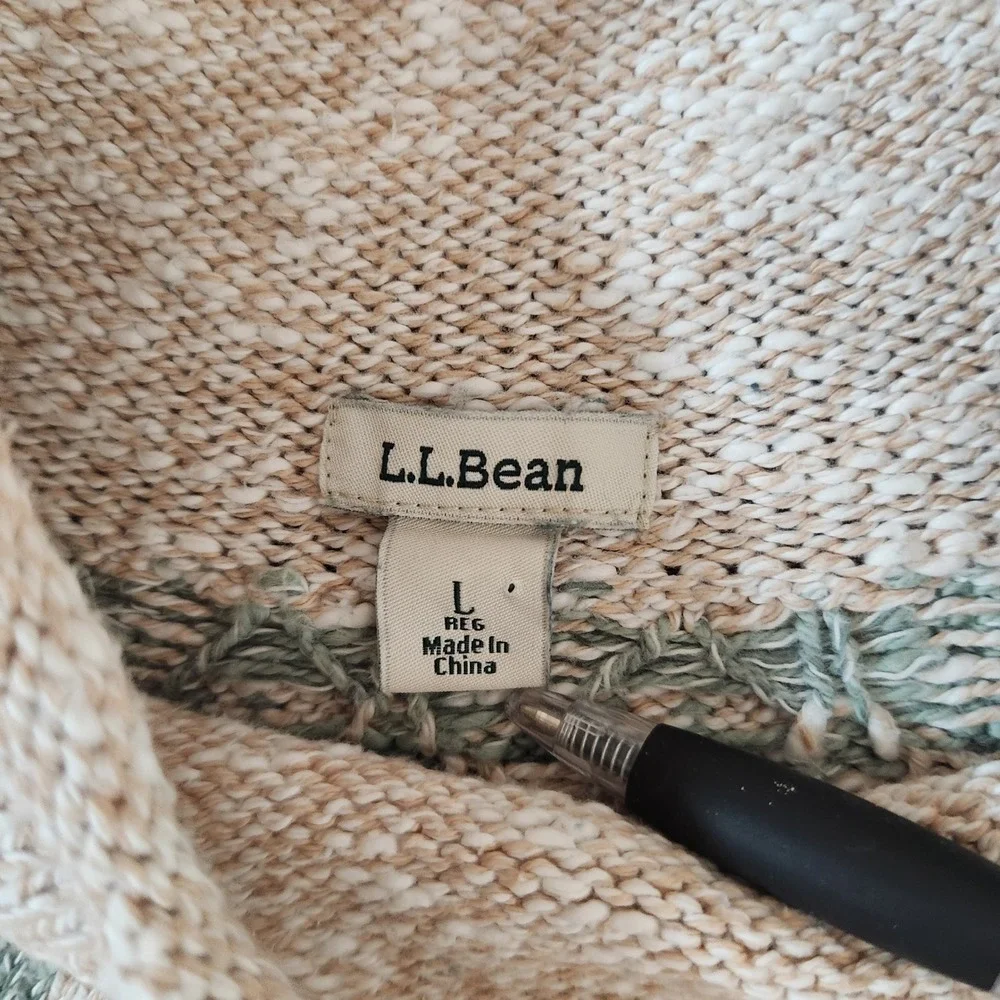 L.L. Bean Women's Cotton‎ Ragg Sweater Large Funnel Roll Neck Fair Isle Beige - Picture 4 of 11